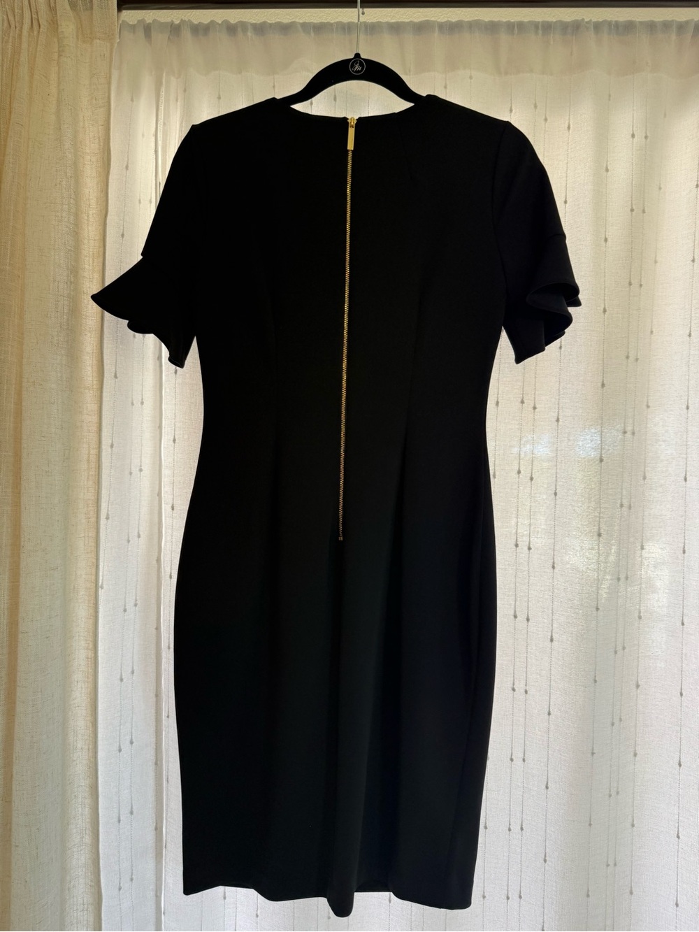 Calvin Klein Black Midi Sheath Dress with Ruffle Sleeves - Picture 2 of 7